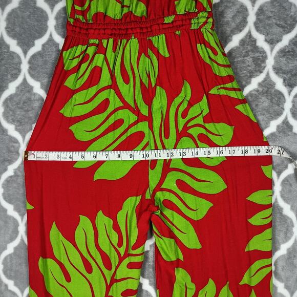 Hula Bay Jumpsuit Womens Medium Red Green Strapless Wide Leg Tropical Leaf Rayon - Picture 13 of 16